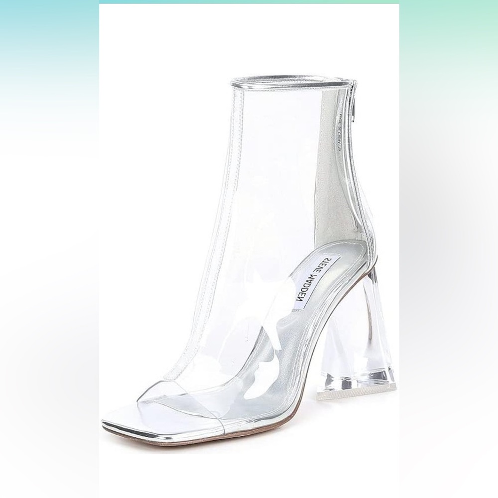 Steve Madden Tyro Clear Transparent Squared Open Toe Block Heeled Ankle Boots 10